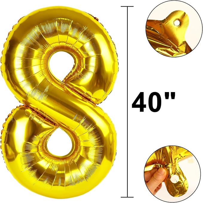 40 Inch Giant Gold Foil Number 8th 18th 28th Birthday Balloons Gold Digit 8 Balloons for Men Women 80th Anniversary Party Decorations Supplies