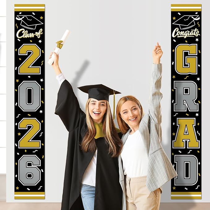 2026 Graduation Decorations,Congrats Grad Banner Backdrop for Class of 2026 Decorations- Black and Gold Graduation Party Decorations
