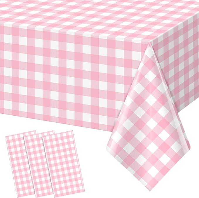 3pcs 54X108inch Pink Checkered Tablecloth,Pink Gingham Tablecloths Buffalo Plaid Disposable Plastic Table Covers for Birthday Baby Shower Bridal Wedding Party Birthday Decorations