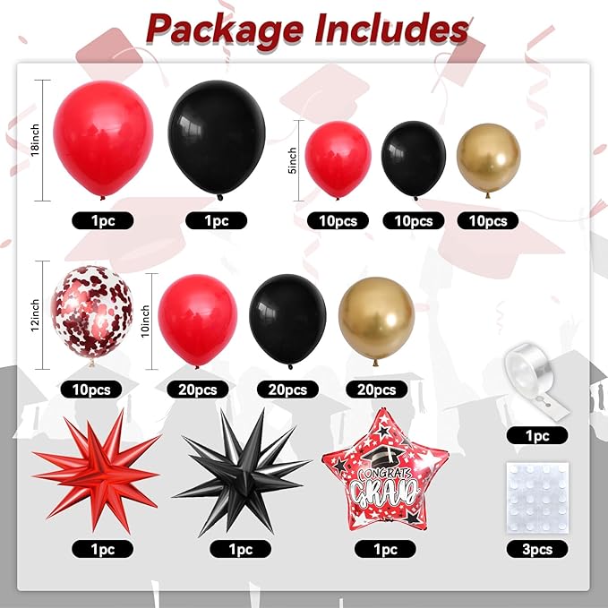 Red Black Gold Balloon Arch Kit with Explosion Star Foil Balloons Black Gold Balloons Red Confetti Graduation Balloon Garland for 2025 Graduation Decoration Birthday Baby Shower Party