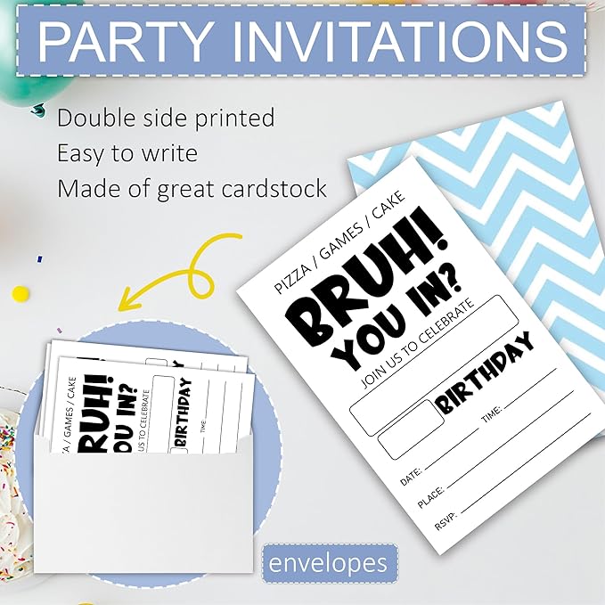 Bruh Birthday Invitations, Simple Style Party Invitations for Boy Girls Adults, 20 Count Cards & Envelopes, Birthday Party Supplies & Decorations, 4x6