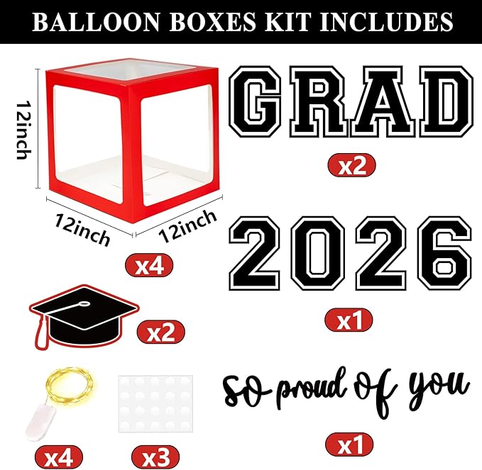 DAZONGE Graduation Decorations 2026, Set of 4 Red Grad Balloon Boxes with 139pcs Balloon Arch Garland Kit & 4 Light Strings - So Proud of You 2026 Graduation Decorations for Any Grades