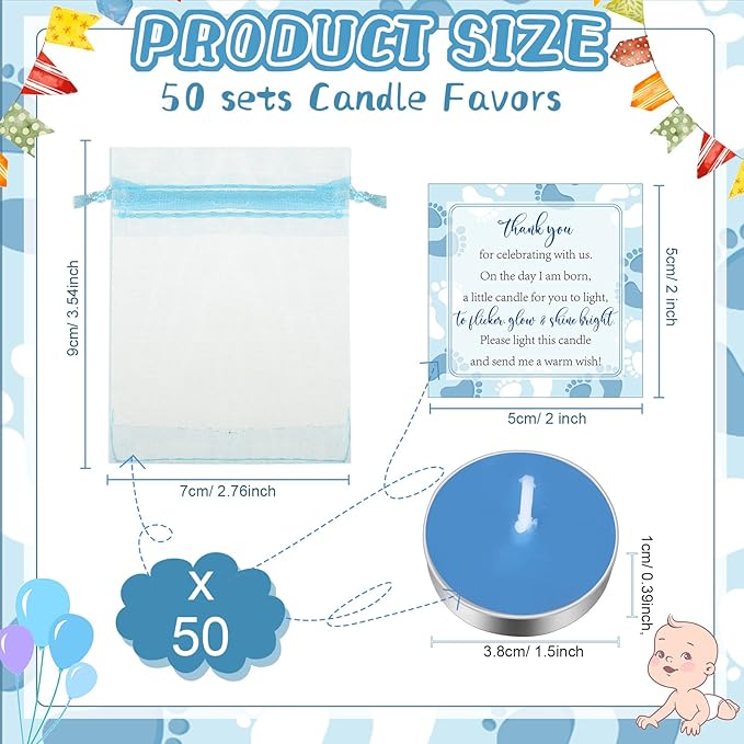 50 Sets Baby Shower Party Favors Including 50 Pcs Unscented Tealight Baby Shower Candles Gift Bags Cards for Gender Reveal Party Supplies(Blue)