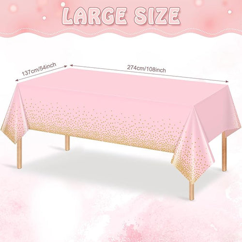 1 Pack Pink and Gold Plastic Tablecloth for Parties, Pink Disposable Table Cloth for Rectangle Tables, Gold Stamping Dot Confetti Light Pink Tablecloth for Birthday Wedding Baby Shower Party, 54x108"