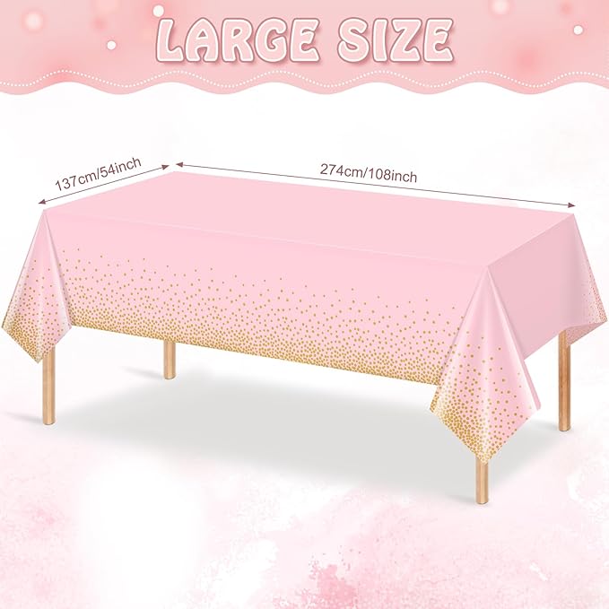 12 Pack Pink and Gold Plastic Tablecloth for Parties, Pink Disposable Table Cloth for Rectangle Tables, Gold Stamping Dot Confetti Light Pink Tablecloth for Birthday Wedding Baby Shower Party, 54x108"