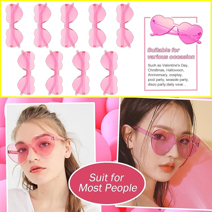 9 Pack Heart Shaped Sunglasses Rimless Heart Glasses for Bachelorette Party Birthday Decorations Party Favors