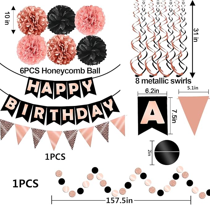 FECEDY Rose Gold Black Theme Happy Birthday Banner Flag Bunting Paper Circle Confetti Garland Swirl Streamers Honeycomb Ball for Birthday Party Decoration