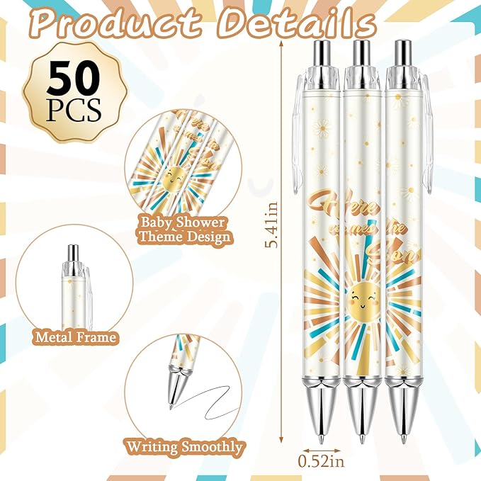 50 Sets Baby Shower Favors Gifts for Guests Includes 50 Rolling Paper Ballpoint Pens and 50 Greeting Thank You Bookmarks Baby Shower Party Favors (Here Comes The Son)