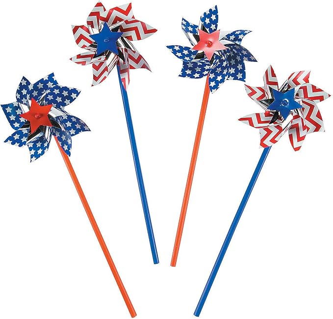 Fun Express Patriotic Pinwheels 36 Pack - Premium 4th of July Decorations with 5" Red White and Blue Spinners on 11" Sticks | Memorial Day Outdoor Decor for Kids Party Supplies & Classroom Prizes