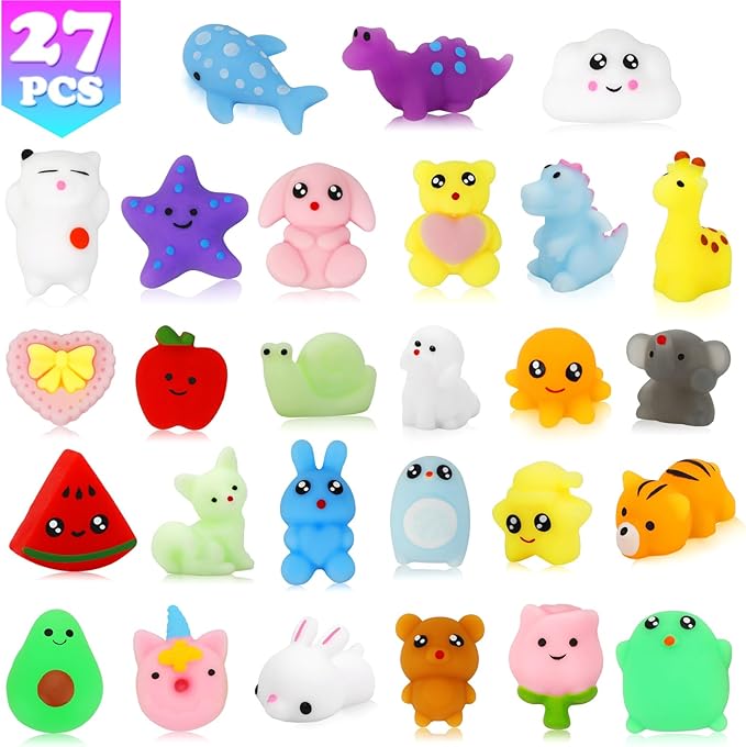 Mochi Squishy Toys, 27pcs Mini Kawaii Squishies Party Favors for Kids 4-8 8-12 Boys Girls Birthday Gifts Fidget Sensory Treasure Box Toys for Classroom Prizes Pinata Goodie Bags Xmas Stocking Stuffers