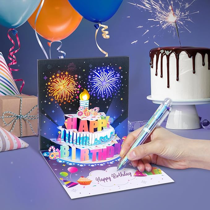 INPHER UPGRADED Blowable Birthday Cards 3D Pop Up Fireworks Cake Light and Music Happy Birthday Card Gifts for Women Men Mom Kids