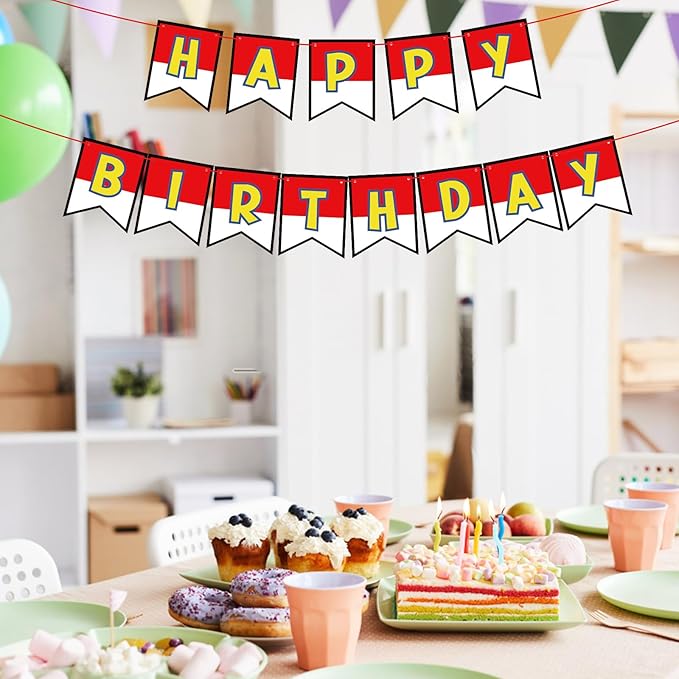 Cartoon Red White Yellow Happy Birthday Party Banner, Ultra-Thick Premium Paper Letter Birthday Garland, Adjustable Spacing Perfect Kid Birthday Hanging Sign Decoration Supplies(No DIY Required)