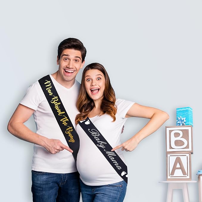 "Man Behind The Bump" Funny Baby Shower Sash for Daddy to Be, Baby Shower Party Decorations Gifts Supplies Dad to Be Baby Gender Reveal Ideas New Father Favors (Black and Gold)
