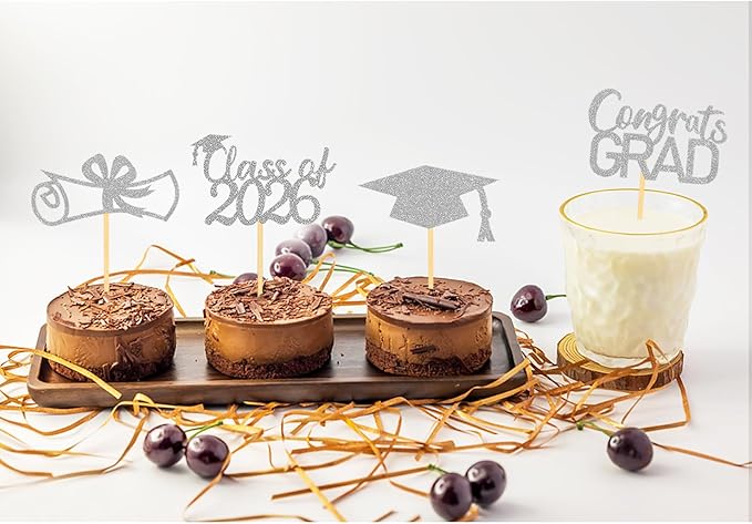 2026 Graduation Theme Cupcake Toppers Glitter Class of 2025 Graduation Cap Diploma Cupcake Picks - Set of 24 (Silver2)