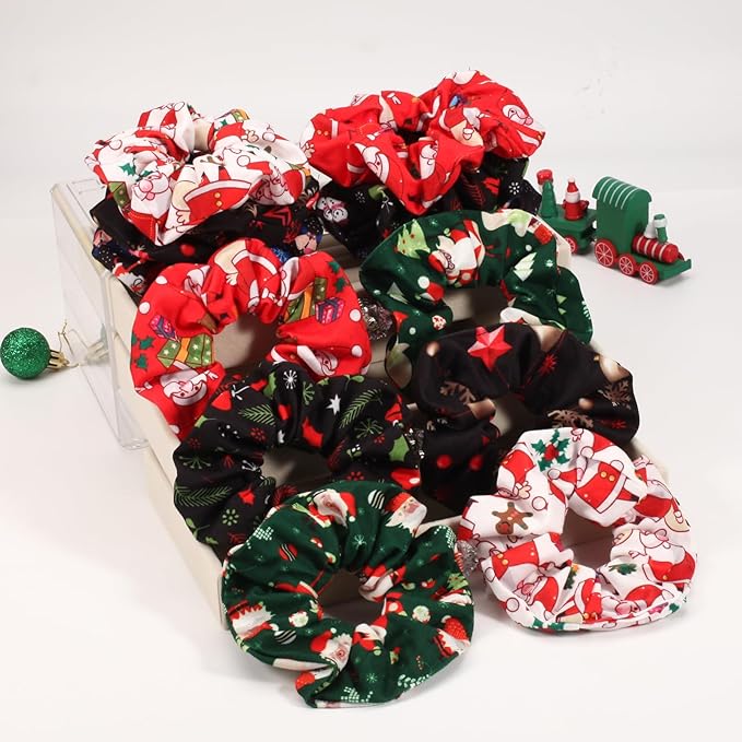 12PCS Christmas Hair Scrunchies for Women Girls Elastic Hair Ties Santa Claus Snowman Elk Bell Christmas Tree Snowflake Hair Accessories Christams Party Decor Gifts