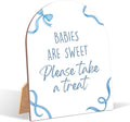 Blue Bow Babies Are Sweet Please Take a Treat Sign for Baby Shower, 6x8 Inch Arch Wooden Sign with Stand, Blue Baby Shower Table Sign, Gender Neutral Party Decoration - QW08