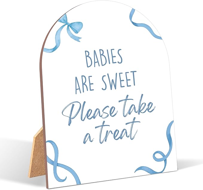 Blue Bow Babies Are Sweet Please Take a Treat Sign for Baby Shower, 6x8 Inch Arch Wooden Sign with Stand, Blue Baby Shower Table Sign, Gender Neutral Party Decoration - QW08