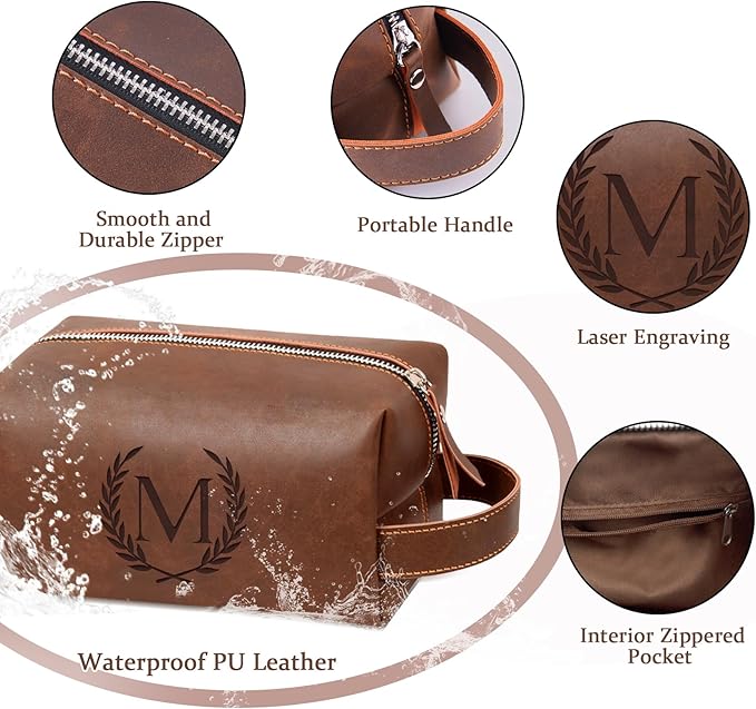 Personalized Gifts Travel Toiletry Bag for Men Engraved Initial PU Leather Waterproof Shaving Bag for Toiletries Accessories Fathers Day Birthday Gift for Men Dad Husband Son, Reddish Brown H