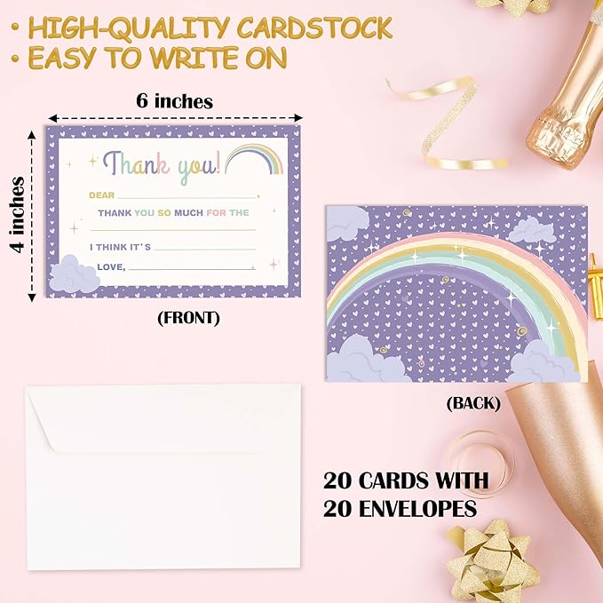 Kids Thank You Cards Fill in the Blank, Boho Rainbow Thank You Notes For Boys Girls, Purple Rainbow Greeting Card, Birthday Party Decorations Favors (20 Cards With 20 Envelopes) -29