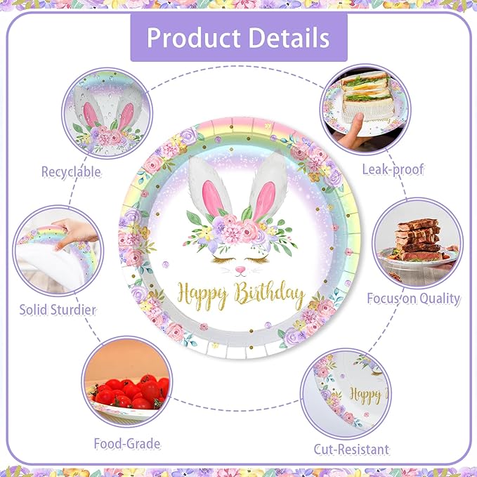 MEHOFOND 192pcs Bunny Birthday Decorations Easter Plates and Napkins set Rainbow Bunny Birthday Party Supplies Spring Easter Plates Bunny Party Dinnerware Tableware