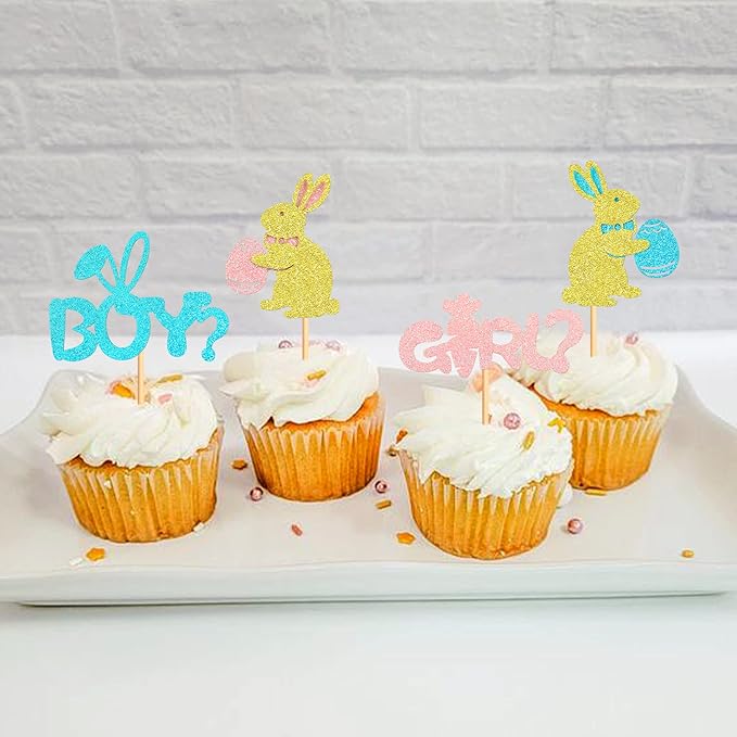 Ercadio 24Pcs Easter Day Rabbit Boy or Girl Cupcake Toppers Glitter Pink Blue Bunny Boy or Girl Cupcake Picks for Easter Gender Reveal Cupcake Toppers Easter Theme Birthday Baby Shower Party Supplies