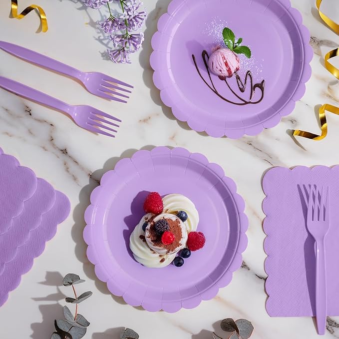 105PCS Paper Plates and Napkins Set,7 Inch Scalloped Disposable Tableware with Forks for Birthdays, Garden Parties & Outdoor Events,Serves 35 (Light Purple)