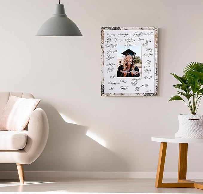 GraduatePro 16x20 Signature Picture Frame Board for 8x10 Photo with Signable Mat for Birthday Baptism Party Graduation Wedding Guest Book Rustic White