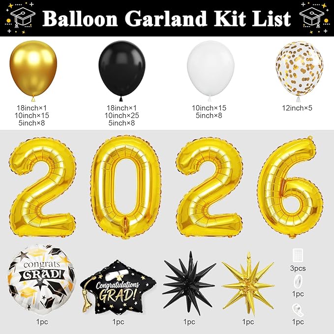 Graduation Balloons Garland Arch Kit, Graduation Balloons Class of 2026, Black and Gold White Latex Balloon with Foil Balloon for Class of 2026 Party Decor