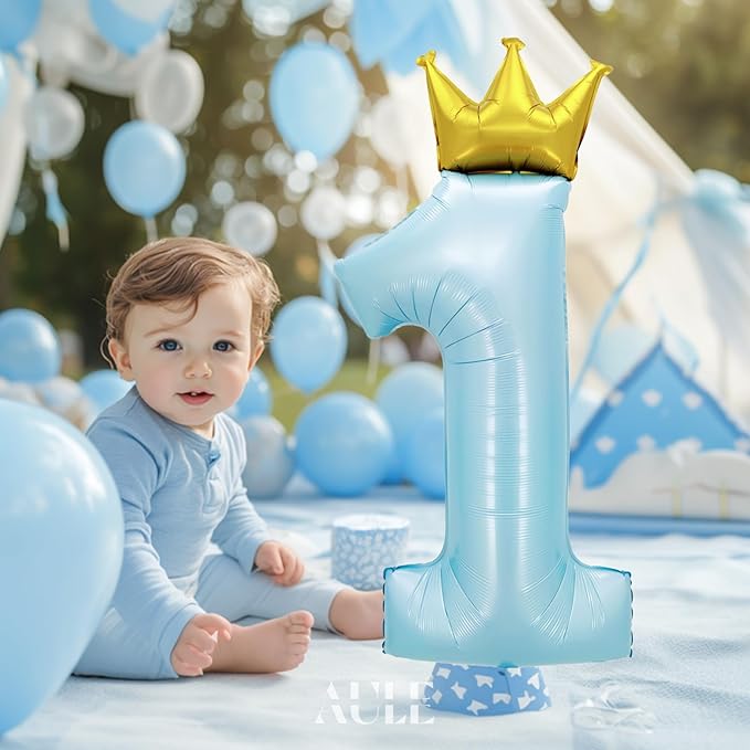 AULE 40 Inch Big Light Blue 1 Balloon Number with Crown Large Foil Helium Number Balloons 0-9 Jumbo Giant Happy 1st Birthday Party Decorations Huge Mylar Anniversary Party Supplies
