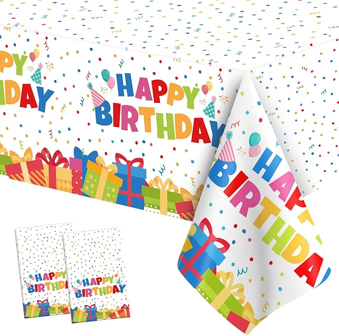 Birthday Tablecloth, 2 PCS Birthday Table Cloths 54'' x 108'' Disposable Birthdays Table Cover Waterproof Plastic TableCloth Rectangle Party Tablecloths for Kid’s Happy Birthdays Party Decorations
