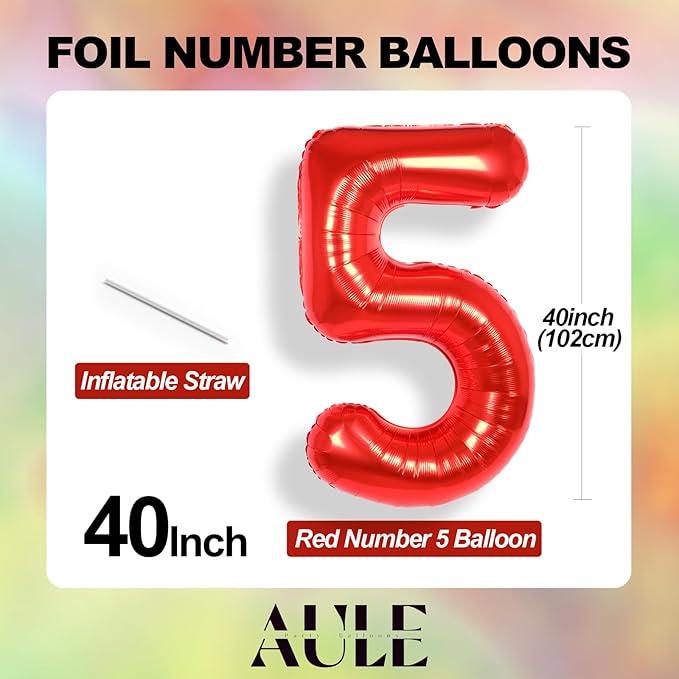 AULE 40 Inch Big Red 5 Balloon Number Large Foil Helium Number Balloons 0-9 Jumbo Giant Happy 5th Birthday Party Decorations for Boy or Girl Huge Mylar Anniversary Party Supplies