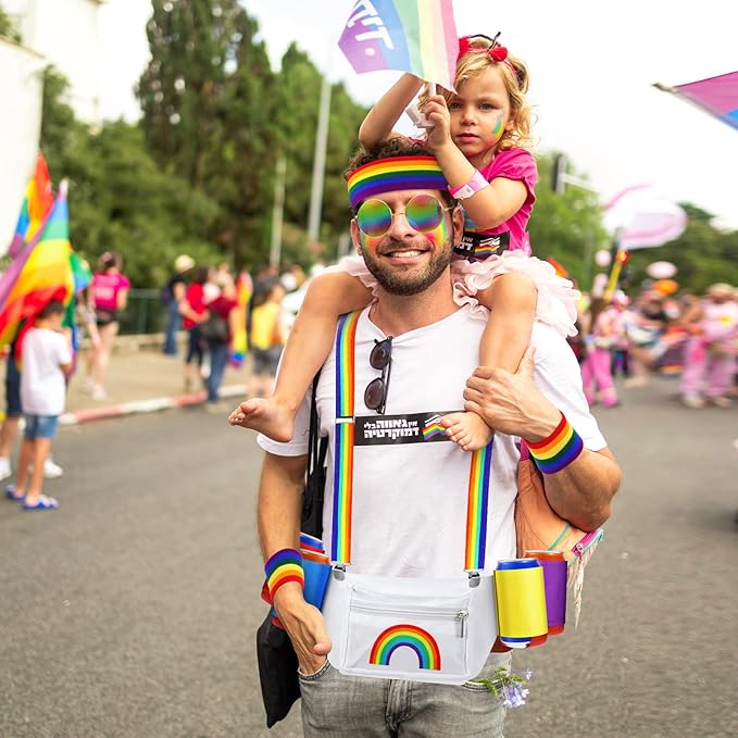 Sweetude Pride Accessories Gay Rainbow Fanny Pack White Outfit Beverage Beer Belt Costume Set with Drink Holder Sunglasses Striped Sweatband Women Men