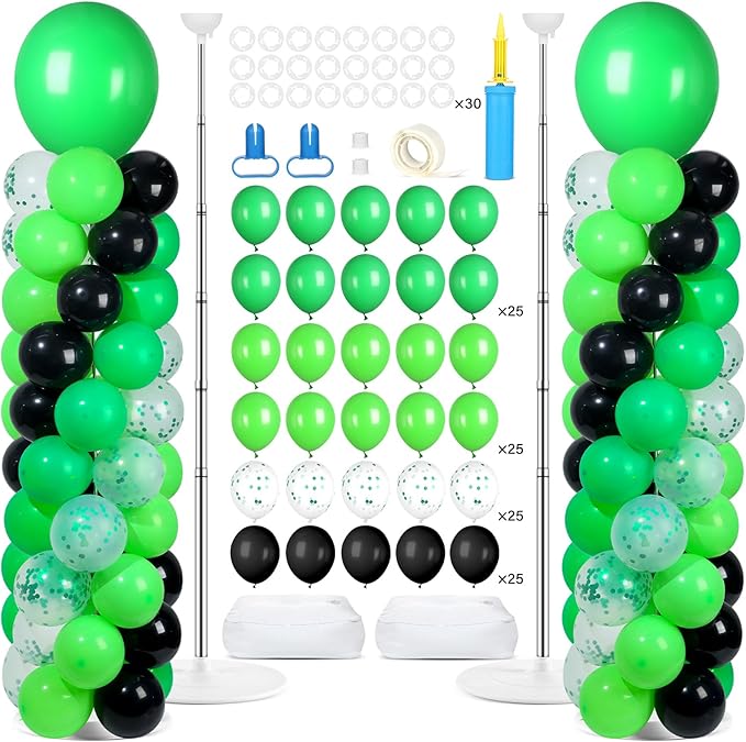 2 Sets Green and Black Balloon Column Stand Kit with 102 Balloons Adjustable Balloon Tower Stand with Bases for Floor Confetti Balloons Column Kit for Graduation Birthday Appreciation Party Decor