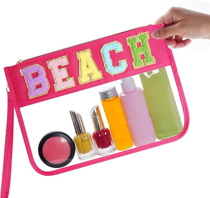Chenille Letter Bag, Multi-purpose Nylon Clear Makeup Cosmetic Bags Flat Pouches with Zipper for Travel, Gym, Beach (Rose Red-Beach)