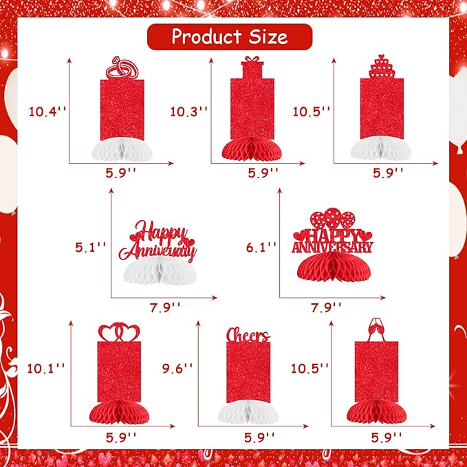 Cheereveal 8 Pieces Happy Wedding Anniversary Honeycomb Centerpiece, Red Glitter Photo Table Topper, Anniversary Theme Party Supplies for Adult 10th 20th 25th 30th 40th 50th 60th Decorations