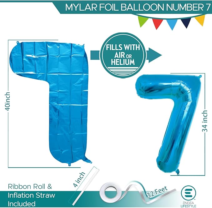40 Inch Large Blue Number Celebration and Decoration Balloon for Birthday Parties, Graduations, Anniversaries, Weddings, Photo Shoots, Special Events - Helium Foil Mylar (Blue Number 7)