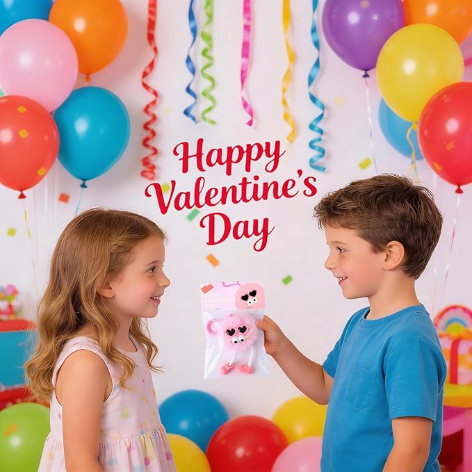 Valentines Day Gifts for Kids - 24 Pack Pre-filled Plush Toys Keychains with Valentine's Gift Cards for School classroom Class - Valentine Party Favors for Kids Boy Girls Toddlers