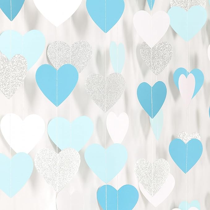 GCQQ Light Blue White Party Decoration - 52FT Glitter Blue Sliver Heart Garland 4 Packs Boy Girl Birthday Hanging Streamers for Valentine's Day Wedding Bachelorette Bridal Baby Shower Graduation Decor