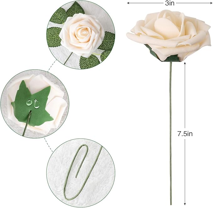AmyHomie Artificial Flower Champagne Rose 25pcs Real Looking Fake Roses w/Stem for DIY Wedding Bouquets Centerpieces Arrangements Party Baby Shower Valentines Day Christmas Tree Decorations