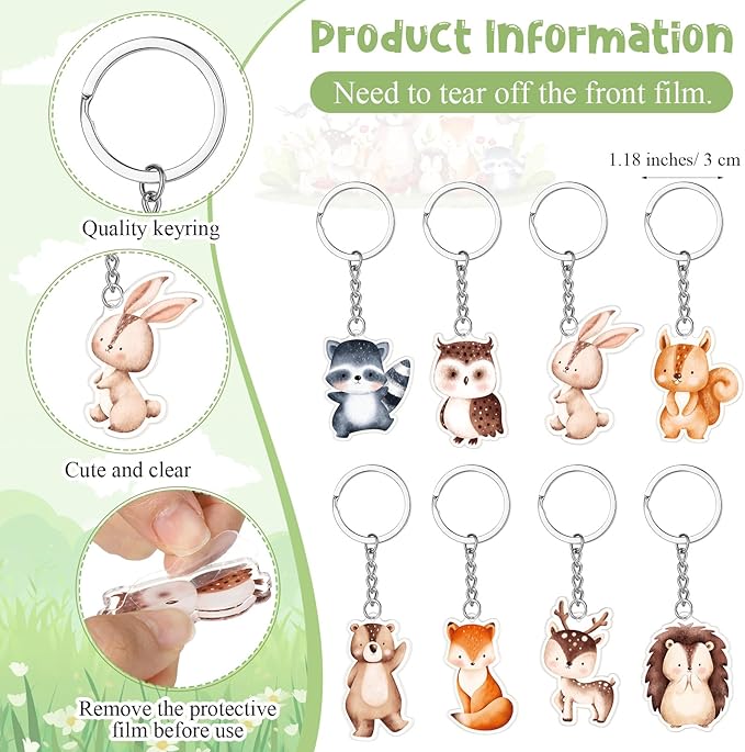 Highergo 100 Pcs Baby Shower Party Favors Bulk 50 Animal Keychains 50 Ballpoint Pens with Thank You Cards Gender Reveal Gift for Guest Baby Shower Souvenir Prize(Woodland)