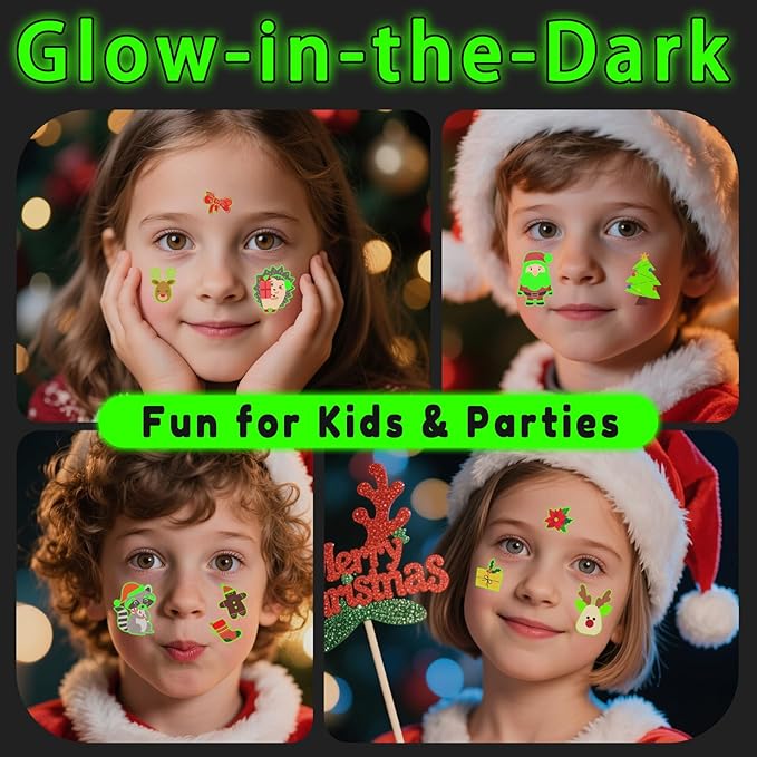 Christmas Party Favors for Kids - 128PCS Luminous Christmas Tattoos Glow in the Dark Goodie Bag Stocking Stuffers, Xmas Temporary Tattoos Party Supplies Decorations for Kids | 4 Sheets (6 x 8.2 inch)