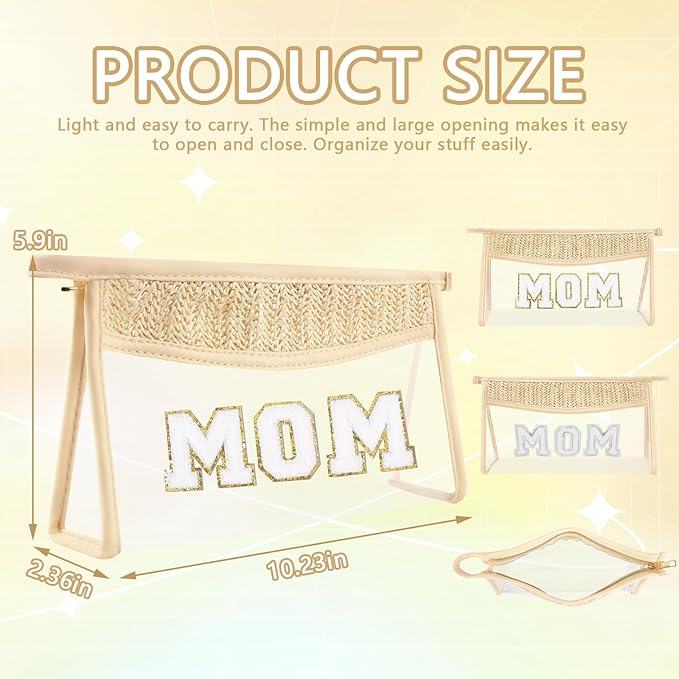 Boho Patch Mama Bag Clear Makeup Letter Bag for Mom, Waterproof Zipper Make up Bags Toiletry Pouch for Women Girls, Clear Letter Patch Cosmetic Bags Transparent Organizer Pouch for Travel(Mom, Beige)