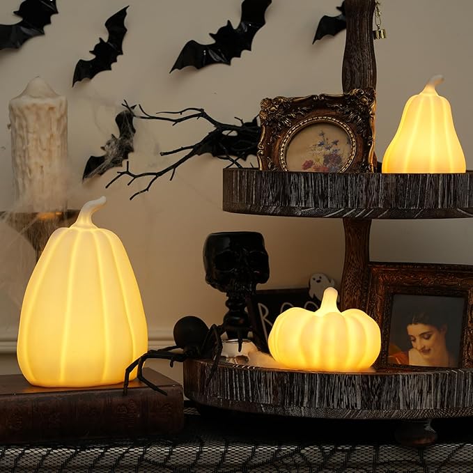 Light Up Pumpkin Halloween Decor - 3 Pack Ceramic Pumpkin Decor for Indoor, Table, Tray