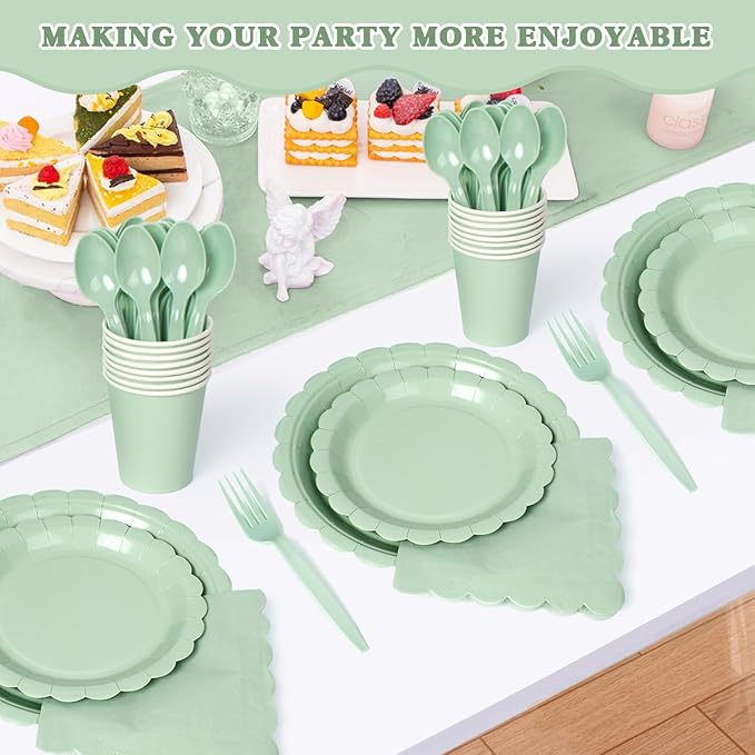 Vyntra 350 Pcs Sage Green Birthday Paper Plates and Napkins Set for 50 Guests, Disposable Party Supplies