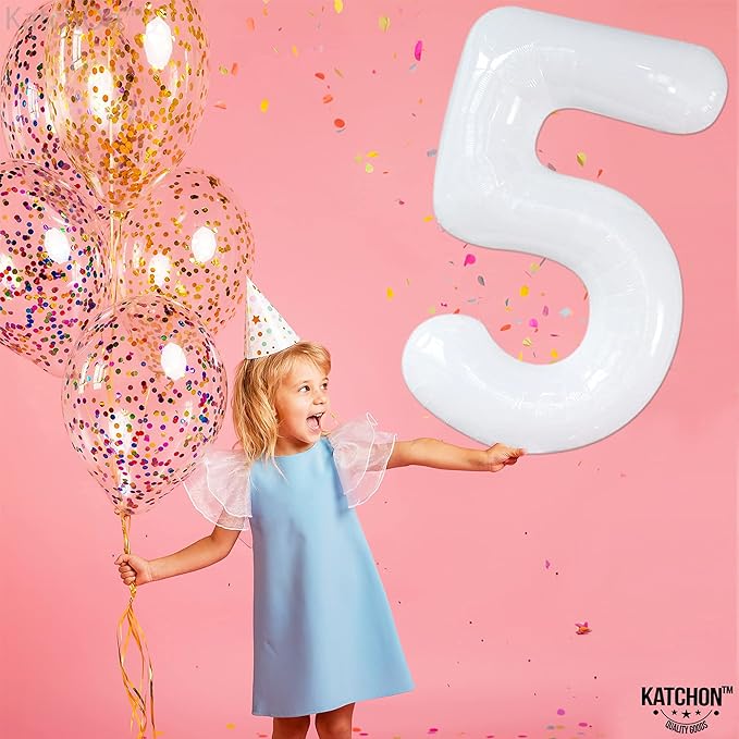 White Number 5 Balloons for 5th Birthday Decorations - Large 40 Inch 5th Birthday Decorations | 5 balloon number| Birthday Number Balloons | White 5th Birthday Party Supplies