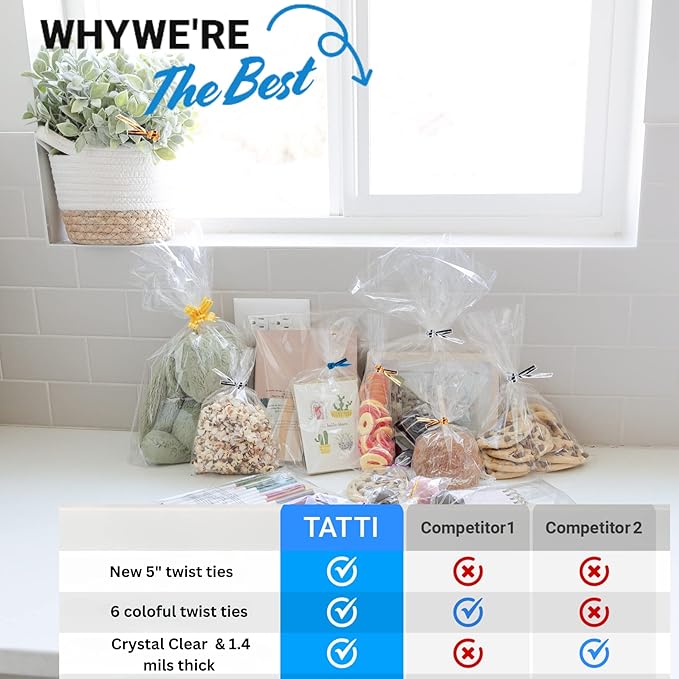 TATTI 200 Pack Clear Cellophane Bags for Favors - Transparent Goodie Bags, 4x9 Inch, Clear, Plastic, Resealable, OPP Material, Twist Tie Closure