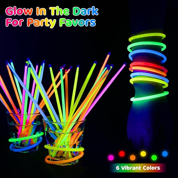 Mega-L 100 Pcs Glow Sticks Bulk Party Pack, Glow in the Dark Party Supplies, 8" Ultra Bright Glow Necklaces and Glow Bracelets with Connectors for Neon Glow Birthday Party, New Years Eve Party Favors