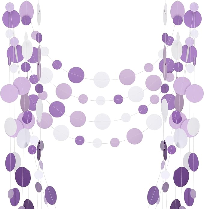 52FT Party Garlands, Paper Garland Circle Dots, Hanging Circle Banner Decorations for Birthday, Party, Wedding, Baby Shower, Graduations, Christmas, Wall Decor (Purple White Garlands)