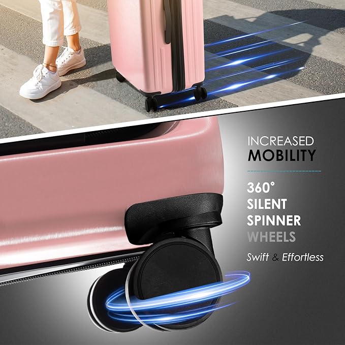 TRAVELARIM 20 Inch Carry On Luggage 22x14x9 Airline Approved, Carry On Suitcase with Wheels, Hard-shell Carry-on Luggage, Durable Luggage Carry-On, Pink Small Suitcase with Cosmetic Case