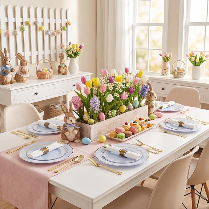 175PCS Blue Plates Disposable - Baby Blue Plastic Plates - 25Guests Plastic Dinnerware with Rolled Napkins for Wedding/Birthday/Baby Shower/Easter